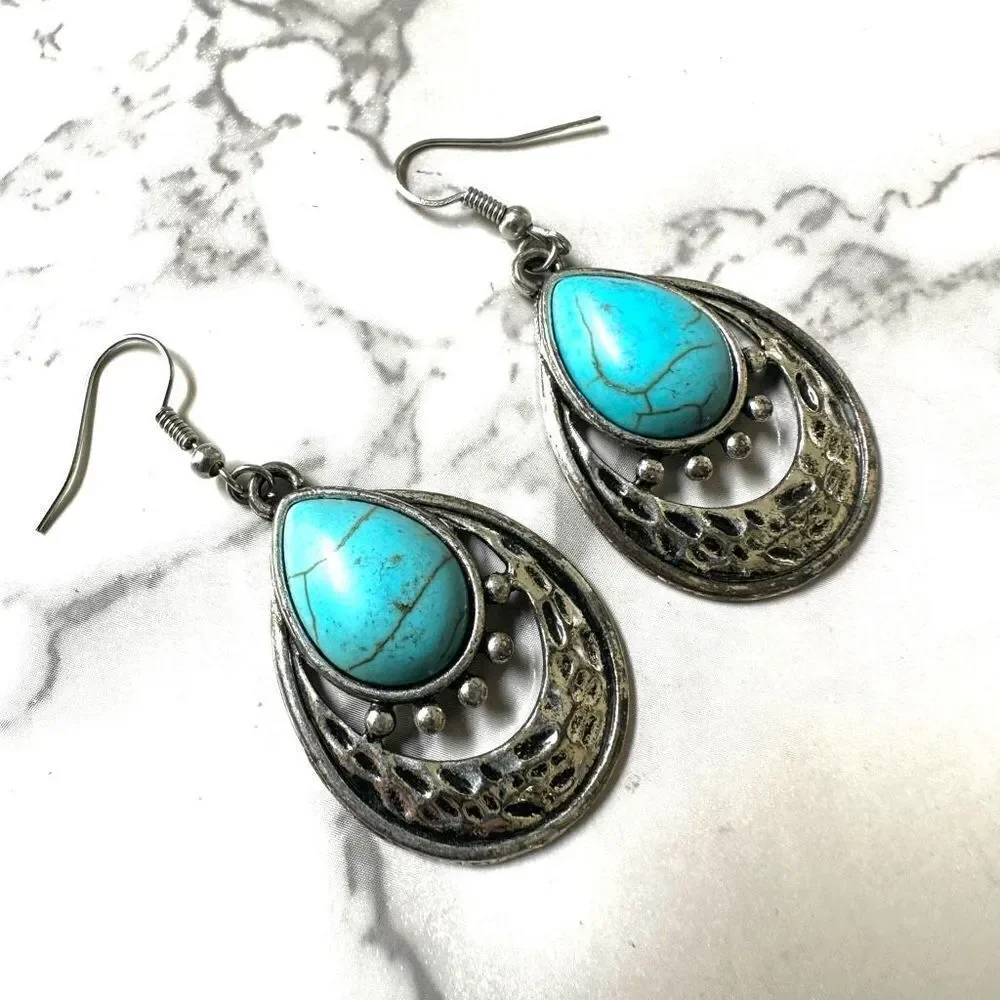 Silver and blue drop earrings silver tone